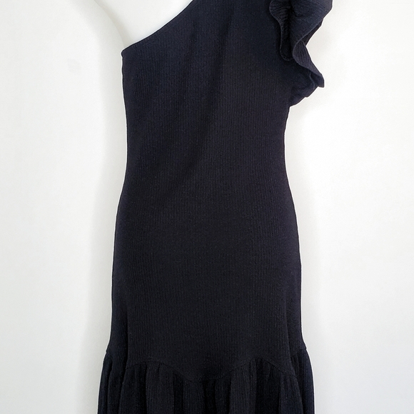 Rebecca Taylor Black One-Shoulder Ribbed Knee Lenght Flounce Dress - Picture 8 of 10